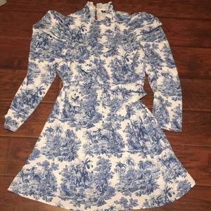 Mock Neck Landscape Printed Gigot Sleeve Dress